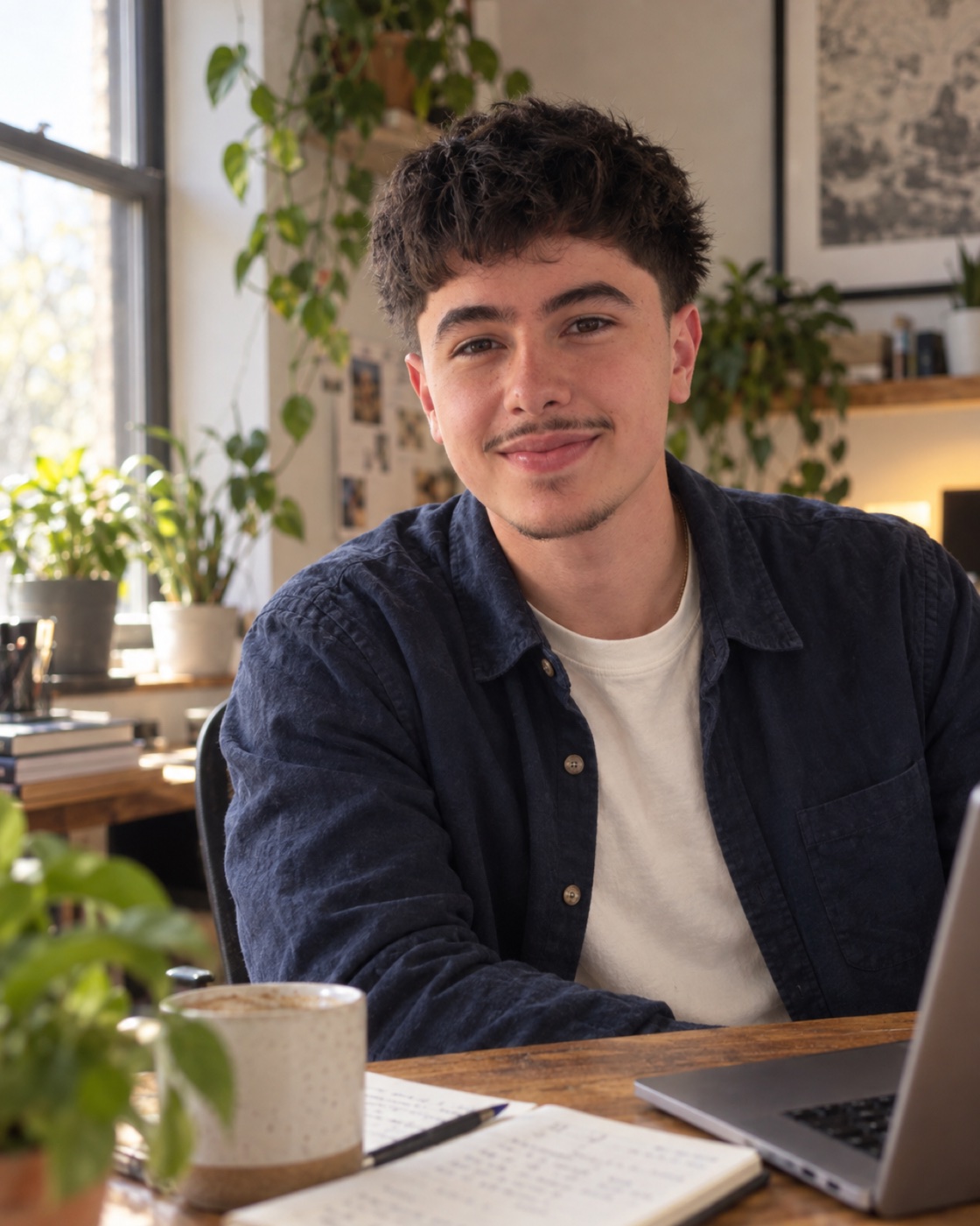 Roberto Vazquez smiling at a desk with a laptop, notebook, and coffee